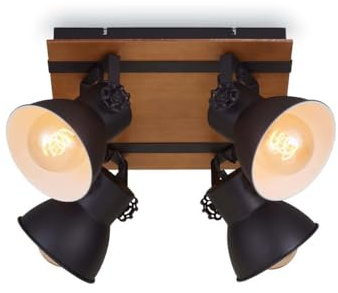 Briloner Leuchten Deckenlampe retro mit Holzbalken, 4-flammige Deckenleuchte vintage, E27 Fassung max. 40 Watt, verstellbare Lampenschirme, rustikaler Deckenspot, Schwarz-Weiß-Holz, 1 Stück (1er Pack)