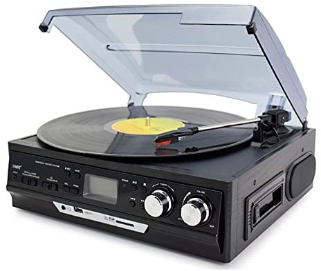 Tocadiscos de Vinilo Vintage con Altavoces Integrados - Reproducción de USB/Bluetooth/Radio FM/Reproductor de CD y Casete/Lector de Tarjetas SD/Grabadora