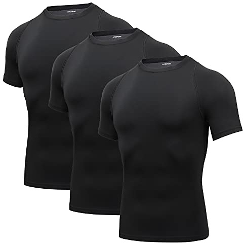 AMZSPORT Kompressionströja för män, kortärmad, funktionell skjorta, snabbtorkande, träningstopp, 112025-svart (förpackning med 3), XL
