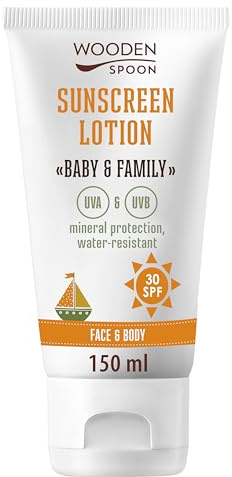 Wooden Spoon Ekologisk Solkräm Baby och Familj SPF 30 – 100% Naturlig, Osynlig Zink, Ingen Vit Hinna, Hypoallergen, Vegansk, Vattentålig – 150 ml