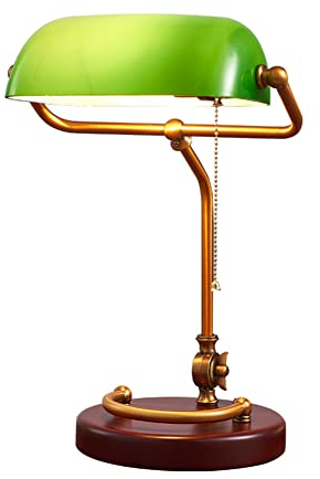 Lámpara de banqueros con interruptor cadena, lámpara escritorio banqueros con enchufe y cable lámpara oficina banqueros vidrio verde brazo ajustable base madera E27 lámpara escritorio retro clásica