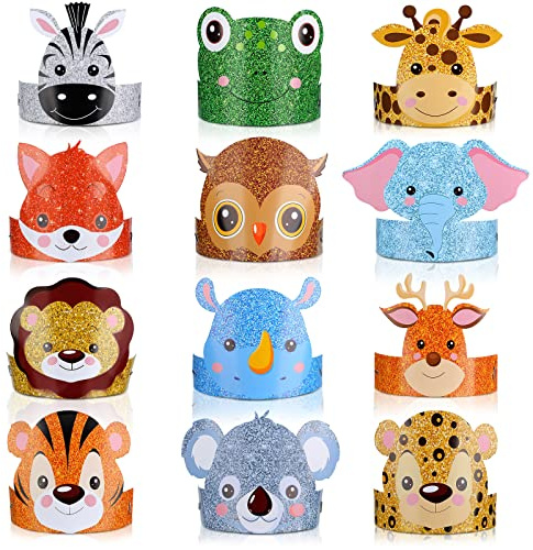 Gersoniel 24 Pcs Animal Birthday Party Hats Animal Headbands Jungle Safari Animal Paper Party Crown for Girls Kids (Jungle Animal)
