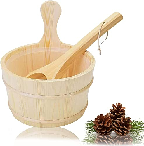 Sauna Eimer, 4L Sauna 3-teilig Komplett Set Sauna Eimer mit Kelle Hochwertigem Finnischen Kiefern Holz Sauna Zubehör Saunakübel Aufgusseimer mit Kunstoffaufsatz(Sauna Eimer+Kelle+Kunststoffaufsatz)