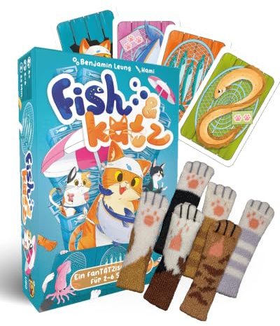 HeidelBär Games Fish & Katz I Interaktives Kartenspiel & Gesellschaftsspiel für Kinder & Erwachsene I Lustiges Familienspiel ab 6 Jahren mit gestrickten-Katzenpfoten I Schneller Spaß für 2-6 Spieler