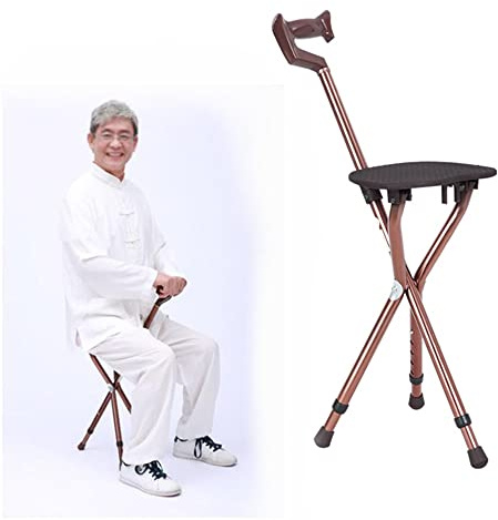 KADEUX Siège De Canne Chaise De Béquille De Marche Réglable, Tabouret De Canne Pliable Chaise De Canne Antidérapante Canne Âgée avec Siège, Capacité De 100 Kg, Marron/Bleu ( Color : Brown )