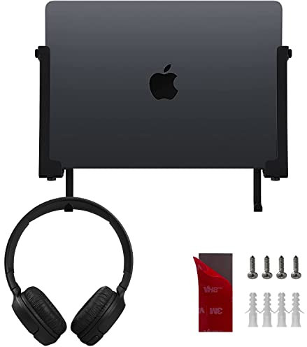 IFCASE Aluminum Wall Laptop Mount Holder for MacBook Air, Pro, Surface, iPad, Tablets, Cell Phones with Headphone Hook, Anti-Scratch Pads, Adhesive & Screws (Black)