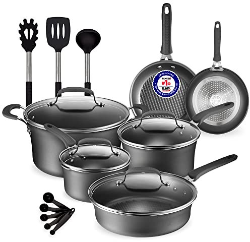 Ensemble de casseroles et poêles - 14 pièces - Batterie de cuisine professionnelle antiadhésive - Marmites avec couvercles - Pour cuisinière à gaz, électrique, céramique et induction - Noir