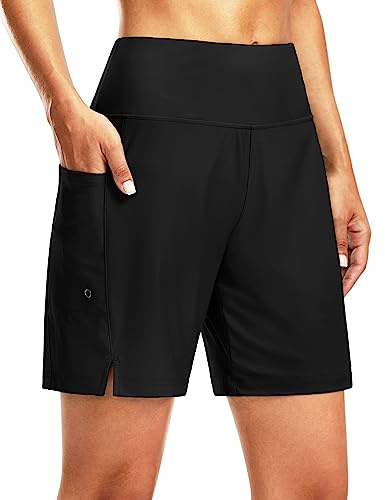 G Gradual Women's 7 Long Swim Board Shorts High Waisted Quick Dry Beach Swimming Shorts for Women with Liner Pockets(Black,XL)