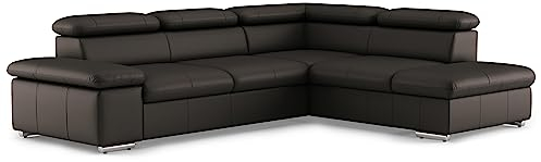 CAVADORE Leder-Ecksofa Valerie mit Ottomane / Eckcouch mit Kopfteilverstellung + Metallfüßen / 272 x 73 x 226 / Echtleder Dunkelbraun