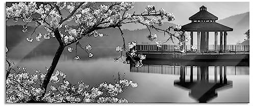 Pixxprint Glasbild Panorama, Wandbild aus Echtglas, Kirschbaum an See, 120x50 cm, inkl. Aufhängung und Abstandshalter