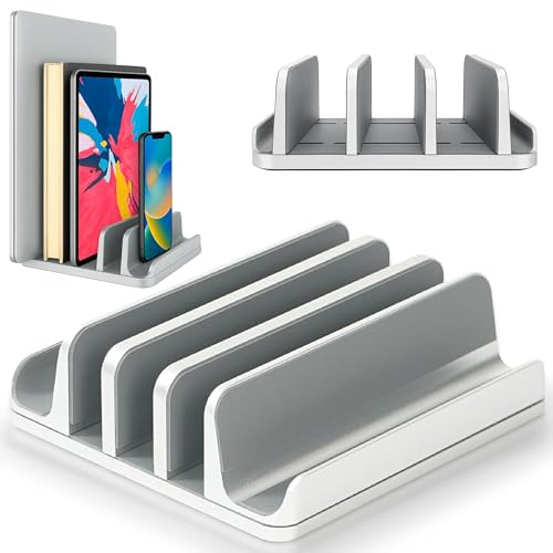 Elestoria 5- Slot Vertical Laptop Stand - Aluminum Laptop Stand Vertical for Desk - Fits MacBook Pro/Air, Surface, Mobiles & Gaming Laptops up to 17.3 - Heavy Duty Laptop Holder for Desk - (Silver)