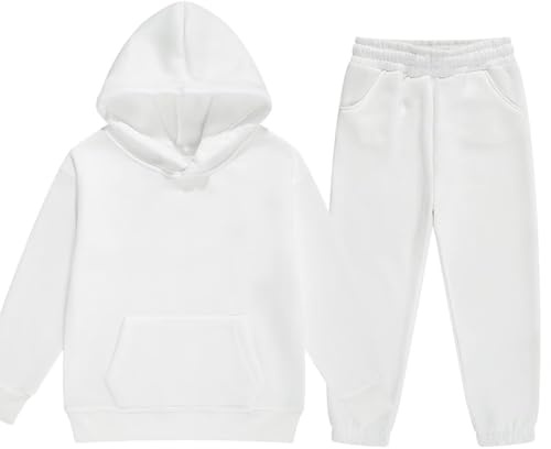 DHSPKN Girls Boys 2 Piece Tracksuit Athletic Sweatsuits Sets Hooded Sweatshirt and Jogger Sweatpants Clothing Sets for Kids White 165