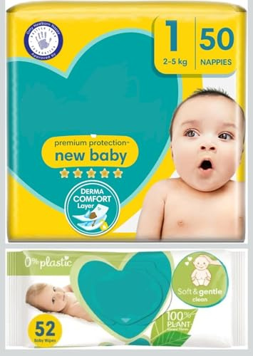 Cc1st Customers Come 1st Disposable Nappies Bundle Consists of Pampers New Baby Size 1 Essential Pack - 50 Nappies (2kg-5kg) with Pampers Sensitive Baby Wipes (52 Wipes), White