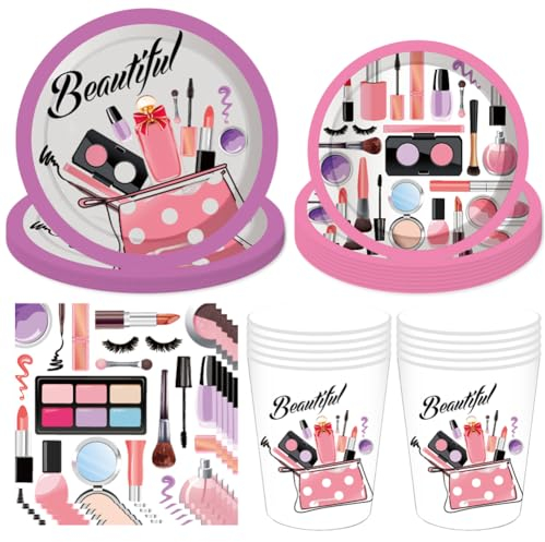 NTEVXZ 44Pcs Maquillage Fournitures de Fête D'anniversaire, Décoration Anniversaire Maquillage, Décorations de Fête Spa, Assiettes, Serviettes, Gobelets, pour Enfants et Adultes