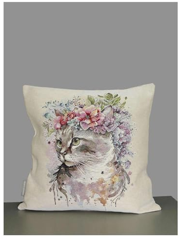 atelier alles-Spitze Ausgefallene Gobelin-Kissenhülle „Flowerpower Katze“ 45x45 cm | Charmanter, strapazierfähiger Kissenbezug in Naturbeige | Pflegeleichte und langlebige Raumdekokoration