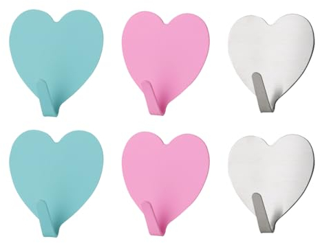 Crochet Adhésif,6 Pièces Acier Inoxydable Crochet Adhesif Mural Crochet Mural, Colorés Forme de Coeur Crochet Adhesif Crochet Mural Adhesif, Étanche Patere Salle de Bain Crochet Mural Adhesif