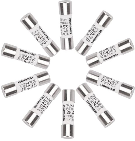 Wengart Pack de 10 Fusibles Cilíndricos 25A AC500V, Tipo gG 10x38mm para RT18-32 (RO15), Alta Capacidad de Ruptura 120kA, Cerámicos, Protección para Inversores Solares y Cuadros Eléctricos