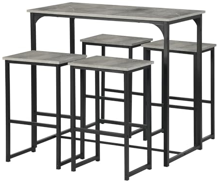 GOKHOMX Set mit hohem Bartisch und 4 Barhockern - Esstisch und Stühle platzsparend für Bar-Ecke, Küche, Haus, Taverne - Grau
