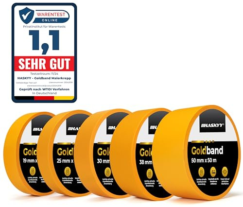 HASKYY Goldband Malerkrepp Kreppband 20x Malerband 25mm x 50m Profi Abdeckband Malertape Klebeband Washi Tape Gold Papiertape Selbstklebend