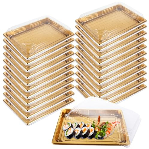 DAJAVE 25 Pack Reusable Sandwich Platter Trays with Lids Gold Catering Trays with Lids Small Buffet Tray with Lid Sandwich Tray Food Sandwiches Platter for Sweet Treat, Party Food (25.5x18.5x5cm)