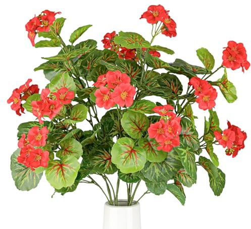 Gresorth 4 Bündel Künstliche Begonie Blume Zweigstelle Dekoration Gefälschte Rot Geranie Vorbau Simulation Grün Blumenstrauß Modell Hochzeit Geburtstag Küche - 78cm