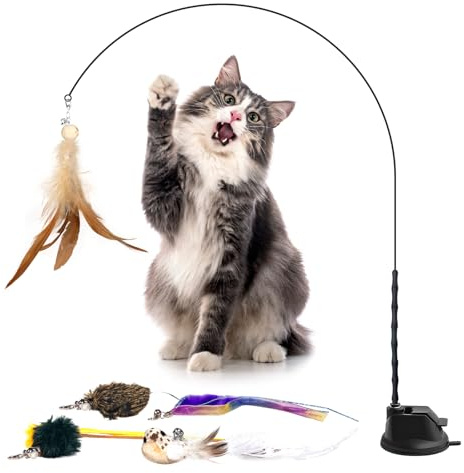 UNOSEKS 7 Stück Katzenspielzeug Angel, Katzenangel mit Saugnapf & Federn, Interaktives Katzenspielzeug zur Selbstbeschäftigung, Spielzeug für Katzen Intelligenzspielzeug (Kitten & Adult)