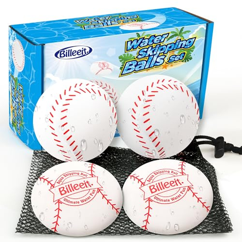 Billeeit 4Pcs Water Skipping Balls for Pool Play(Baseball Theme), Water Pool Beach Swim Toys for Kids Ages 4-8, 8-12 and Adults, Include 2 Balls and 2 Discs