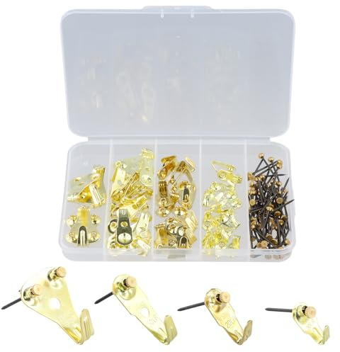 120 Pezzi Ganci per Quadri, Ganci Appendi Quadri, Ganci in Metallo per Appendere Cornice, Kit di Ganci Immagine per Cornici con Chiodi da Parete, Adatto per Fissare Cornici per Foto Sospese, Oro