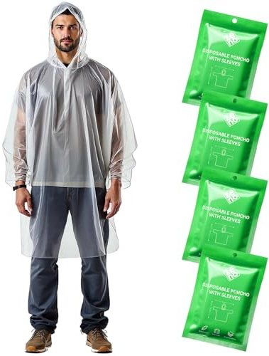 ZENO Disposable Rain Poncho Waterproof with Sleeves - For Adults - Rain Coat with Hood, Pack of 4 - for Women and Men - Hiking, Camping