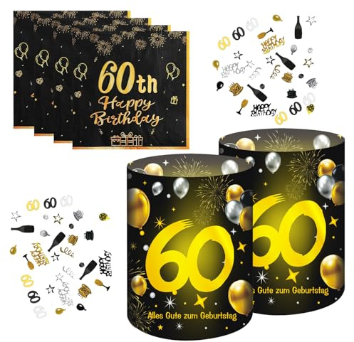 20 Stück Servietten Geburtstag, 60. Windlicht Tischdekoration, Schwarzes Gold Happy Birthday Deko, 60. Tischdeko Geburtstag Manner Frauen, 15g Konfetti Geburtstagsdeko