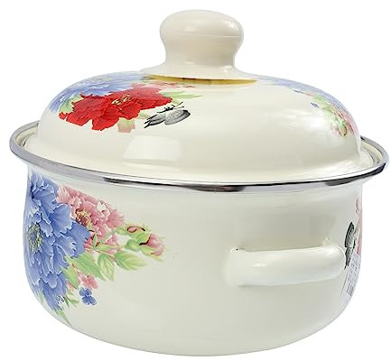 Alipis Cast Iron Enamel Stock Pot Double Handle Household Thickened Soup Pot Lid Peony Pattern for Home Use
