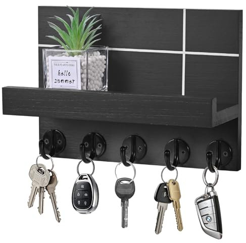 Jemyxhw Portachiavi da Parete, Portachiavi da Muro, Appendiabiti da Parete con Mensola, con 5 Ganci per Chiavi, per Ingresso, Cucina, Ufficio, Soggiorno (Nero)