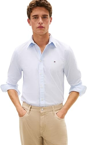 Tommy Hilfiger Core Flex Pop Classic STP Camisa para Hombre, MW0MW41403, L/S, Azul, L, Azul (Sweet Blue/Stripe), L