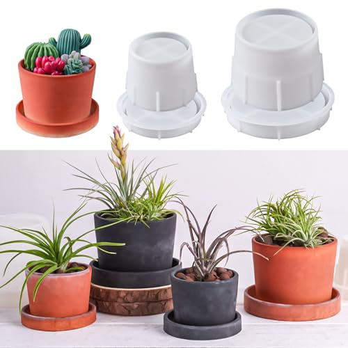 YODOYO Silikonformar gjutformar 2 stycken blomkrukor gjutform med lock – för suckulenter och kaktusar, gör-det-själv förvaringskärl och ljusglas rund terrakotta blomkrukor växter dekoration ytterkruka