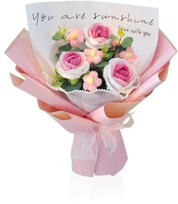 Bouquet di Fiori Artificiali Intrecciati a Mano Regalo per la Festa Della Mamma Rose Girasoli Garofani Regalo di compleanno Regalo di San Valentino (Rose rosa-37 * 32 CM)