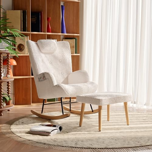Schaukelstuhl Schwingsessel mit Hocker und Armlehnen, Sessel mit Seitentaschen, Teddy Sessel, Schaukelsessel, Stillsessel, Gepolsterter Sitzfläche, für Schlafzimmer, Wohnzimmer, Beige, 94×82×68cm