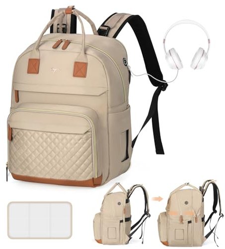 Tonyeee Wickeltasche Rucksack Baby Wickelrucksack mit Wickelauflage 25-37L Erweiterbares Große Wickeltasche Kinderwagengurten, Reise Rucksack Windeltasche Multifunktional Mommy Bag, Beige