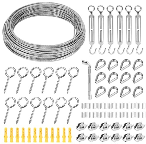 35M 2MM Garden Wire for Climbing Plants - 304 Stainless Steel Cable with Turnbuckles Wire Tensioner Kit for Hanging String Lights, Fence Hedges, Plant Support, Trellis, Outdoor Lights & DIY Projects