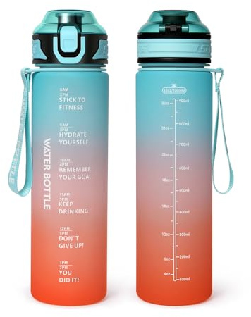 Binudum Botella Agua 1 litro,Botella Agua Gimnasio sin BPA con Cerradura Segura,Cantimplora con Marcador de Tiempo,a Prueba de Fugas,Reutilizable,para Gym,Bicicleta,Yoga,Escuela,Oficina,el Camping