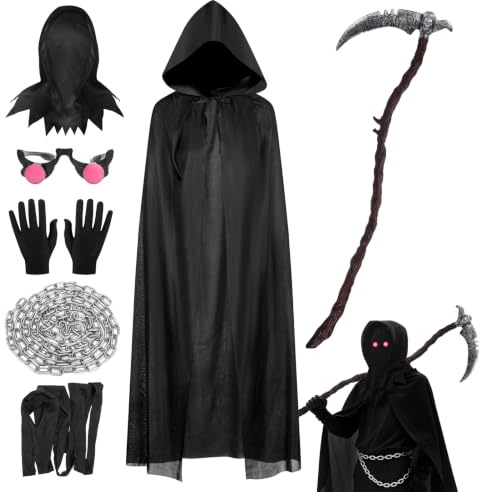 Costume da Mietitore con falce ricurva e maschera separata- Set da 6 -Spaventoso costume di Halloween da ragazzo Mietitore Mantello nero 118-140 Grim Reaper Morte Dementore Costum Cosplay Outfit Party