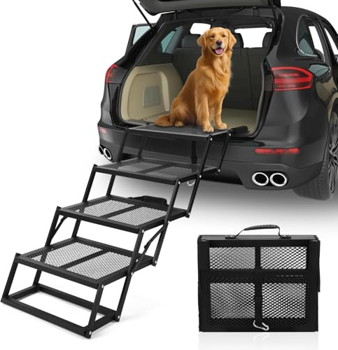 Hundetreppe für Auto, stabile Metall-Klapptreppe für Haustiere, robust, rutschfest, Hunderampe für SUV, Hochbett, 136 kg Kapazität, verstellbare Höhe