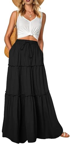 QIXING Womens Summer Maxi Skirts High Waisted Flowy Boho Floral Long Skirts with Pockets(Black, L)