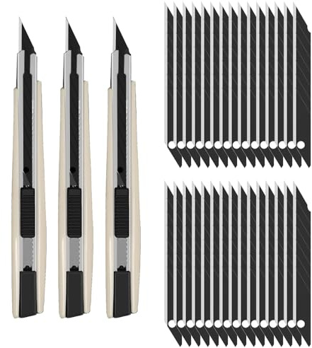 Cuttermesser 9 mm mit 30 Stück 30° Cutterklingen, professionelle Cutterklingen für Folie, Papier, Basteln und Tapeten, Cuttermesser klein (schwarz)