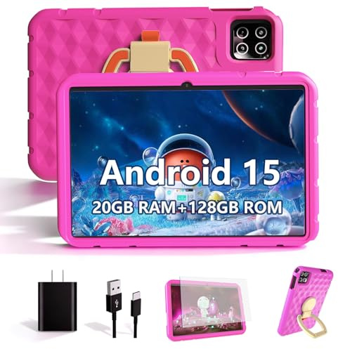 NRKDUBQ 2025 Latest 10.1 inch Kids Tablet Android 15 Tablets for Kids with EVA Protective Case 20GB RAM 128GB Storage Toddler Tablet, Parental Controls, 12-hr Battery, WiFi, GPS, Pink