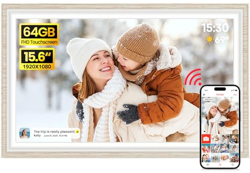 64GB Frameo 15.6 Digital Picture Frame Large 1920 x 1080 IPS FHD Touch Screen WiFi Electronic Photo Frames Share Moments Instantly Anywhere Best Gifts for Parents and Grandparents White Wood