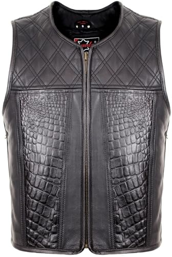 MDM Chaleco de piel para hombre Hunter Club de piel de vaca auténtica, color negro, estampado de cocodrilo delantero, acolchado de rombos en la parte superior, sin bolsillos exteriores, Negro , XXL