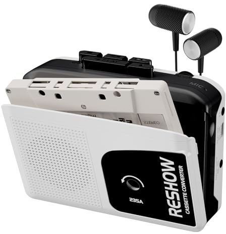 Reshow Lecteur de Cassettes Portable Microphone et Haut-Parleur Intégrés, Convertisseur USB Cassette-MP3, Enregistrement Inversé sur Bande, Magnétophone Noir avec Casque