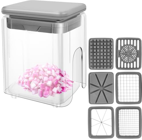 Potato Chipper Chip Cutter 11x9x15cm 4 in 1 French Fry Cutter with Blades and Non-Slip Base, Fast Cutting, Multifunctional Food Dicer Chop Box for Carrot, Onion, Cucumber and Extracting Fruit Juices