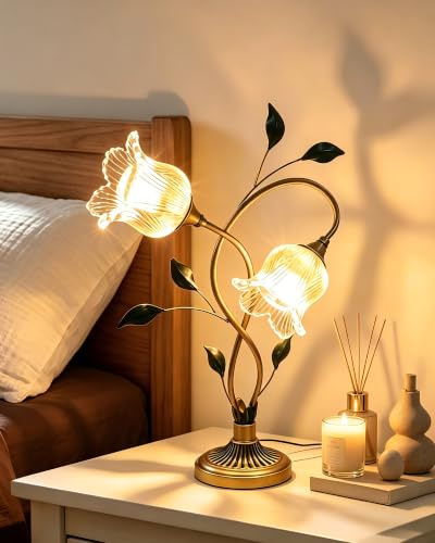 eccuslon Tischlampe Vintage Retro, Blumen-Tischlampe mit Glas-Blumen-Schirm, Vintage-Landhaus-Stil, Bronze-Metall-Basis, E12-Fassung (Lampe nicht im Lieferumfang)