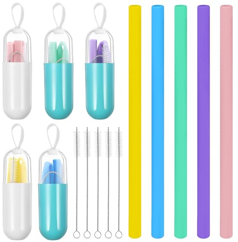 Veemoon Lot de 5 Sets de Pailles en Silicone Souple Réutilisables et Pliables, Kit Portable Brosse de Nettoyage et Étui, Coloris Vert, Bleu, Rose, Violet et Jaune, Adaptées